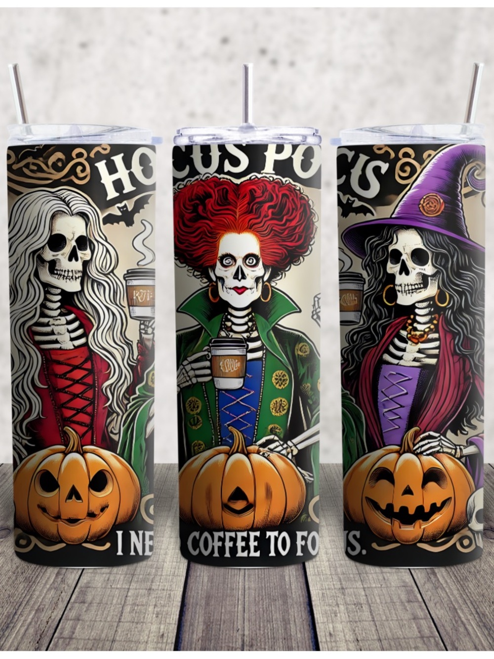 Hocus Pocus Skeleton Witches Travel Tumbler - Halloween Red, Purple, Green